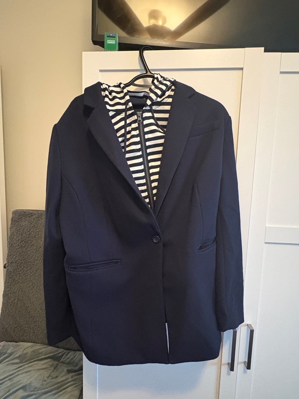 Dalia Navy Blazer with Black-and-White Striped Hooded Liner convertible